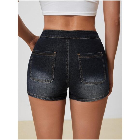 Dark Blue Women's High Waist Denim Shorts Straight Leg Roll Up Hem Button Jean - Picture 2 of 5